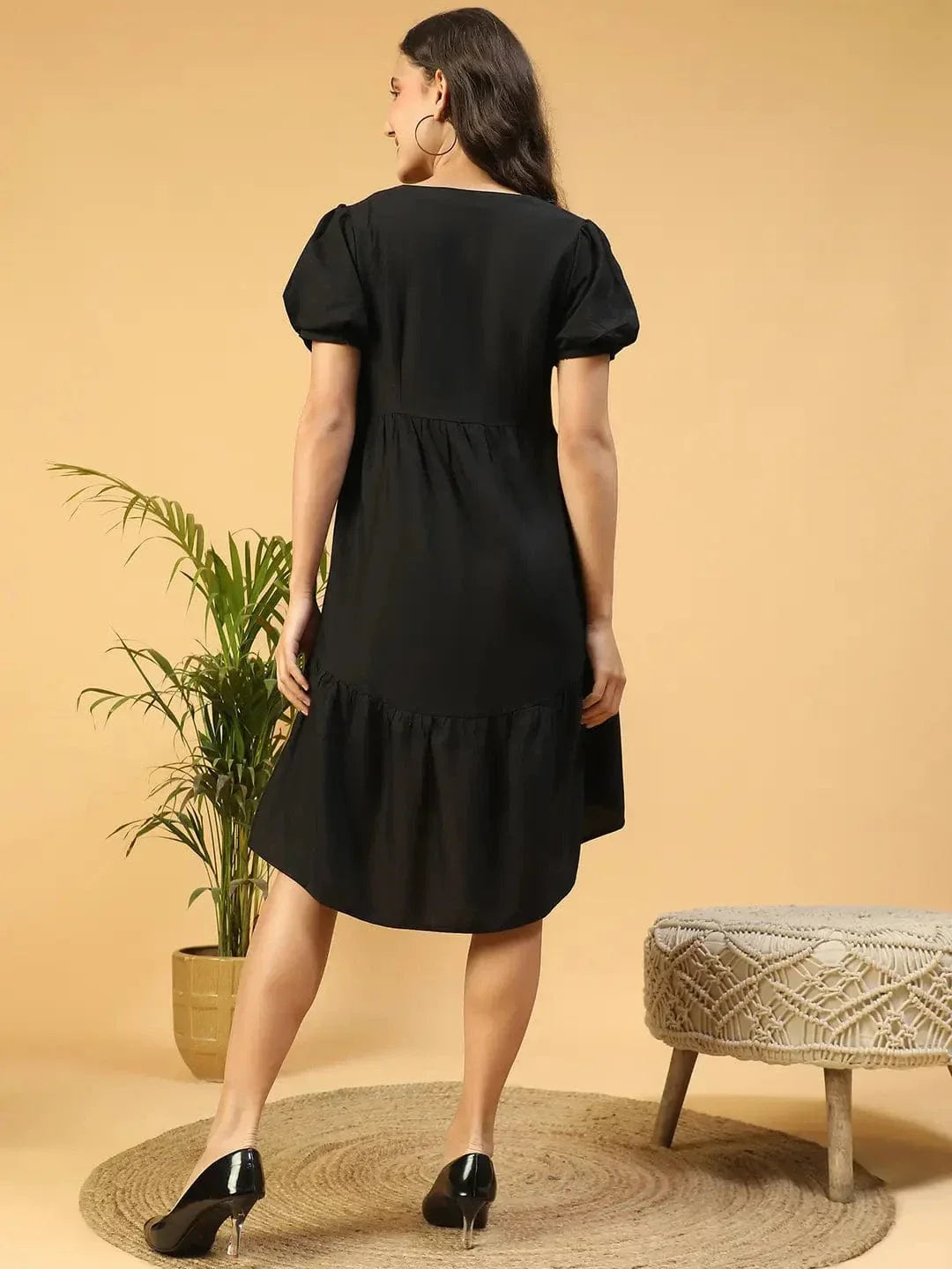 Women Soild Black V-Neck Short Sleeve High-Low Hem Cotton Dress - oxolloxo