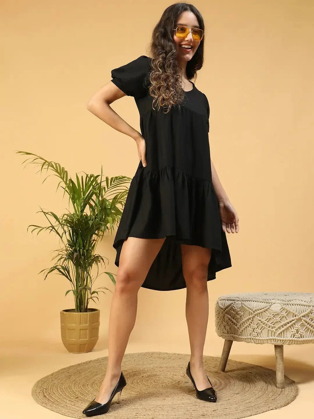Women Soild Black V-Neck Short Sleeve High-Low Hem Cotton Dress - oxolloxo