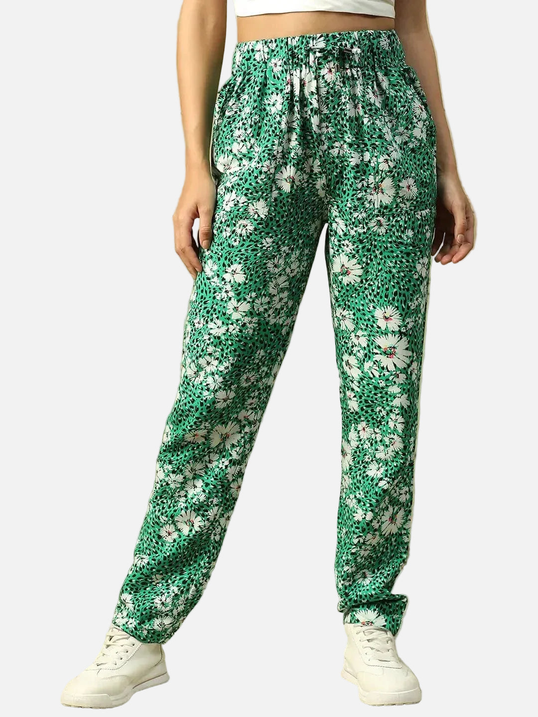 Classy Green Floral Print Elasticated Linen Cotton Pant with Tie-up Detail & Side Pockets - oxolloxo
