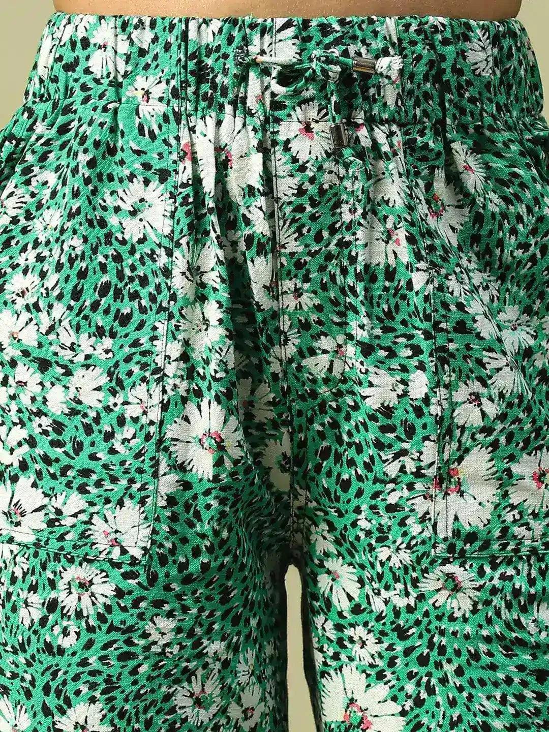 Classy Green Floral Print Elasticated Linen Cotton Pant with Tie-up Detail & Side Pockets - oxolloxo