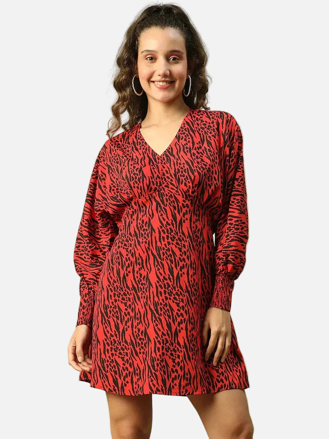 Womenâ€™s Red Animal Print V-Neck Long Sleeve Elasticated Above Knee-Length Dress with Gathered Detail on the Side - oxolloxo