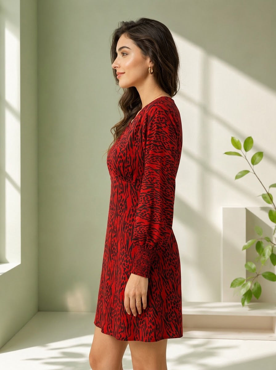 Red leopard print long sleeve dress for women, stylish and trendy fashion wear