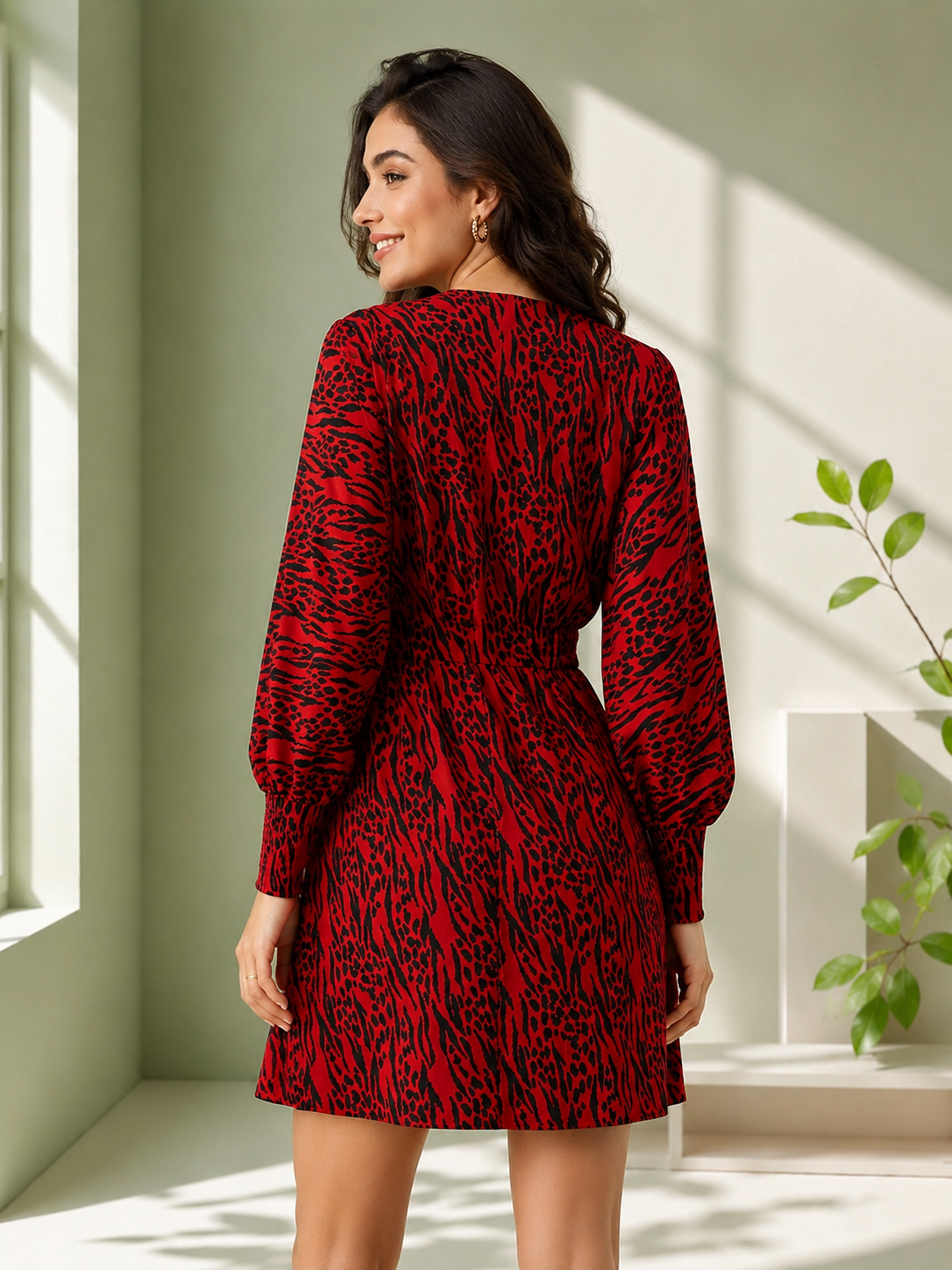Red leopard print dress with long sleeves, stylish women's fashion for plus size & regular sizes
