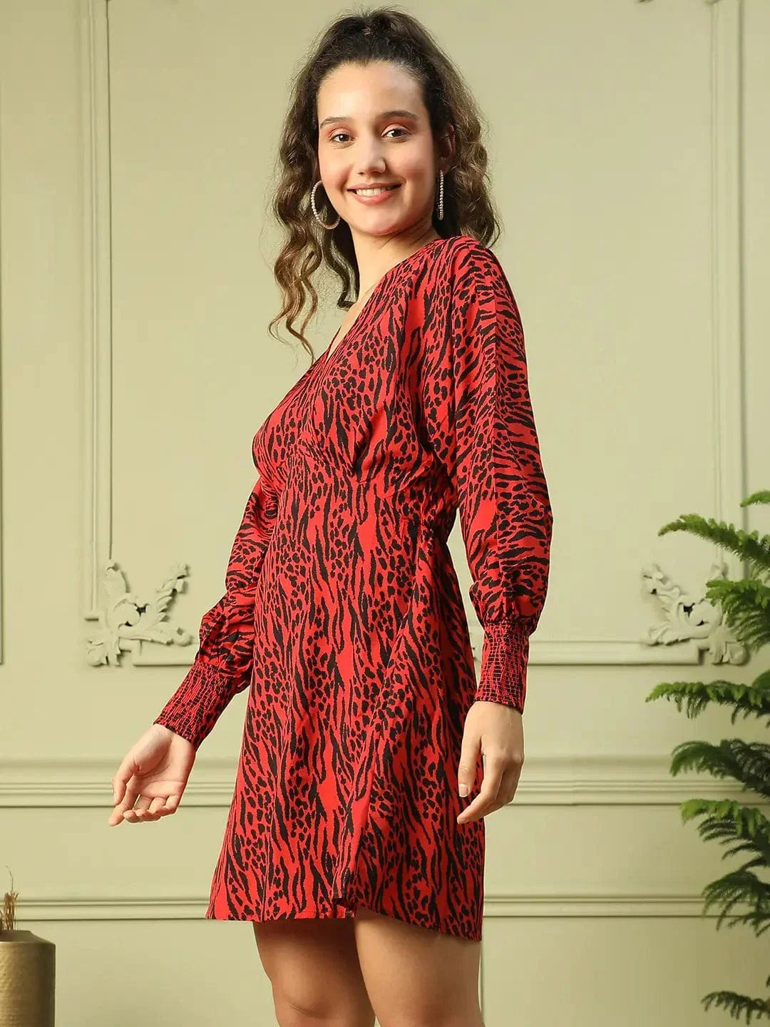 Womenâ€™s Red Animal Print V-Neck Long Sleeve Elasticated Above Knee-Length Dress with Gathered Detail on the Side - oxolloxo