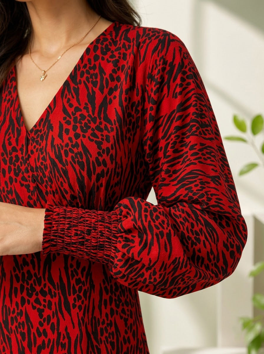 Red leopard print long sleeve dress with V-neck and smocked cuffs, stylish women's fashion