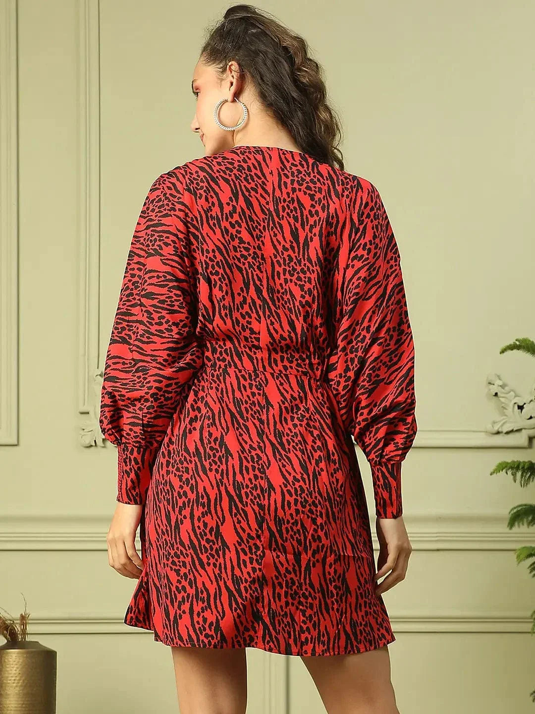 Womenâ€™s Red Animal Print V-Neck Long Sleeve Elasticated Above Knee-Length Dress with Gathered Detail on the Side - oxolloxo