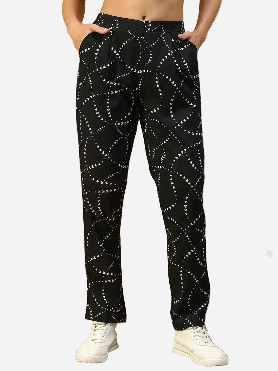 Black Printed Elasticated Pant With Side Pockets - oxolloxo