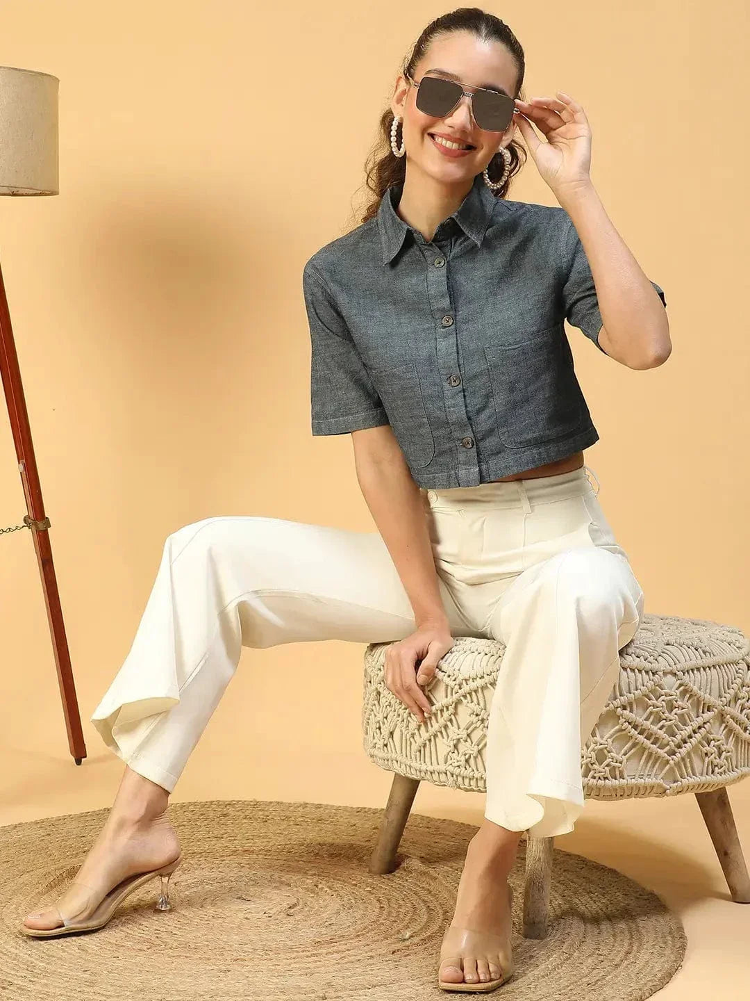 Huate Blue Collared Button Down Short Sleeve Women Cotton Denim Crop Shirt - oxolloxo