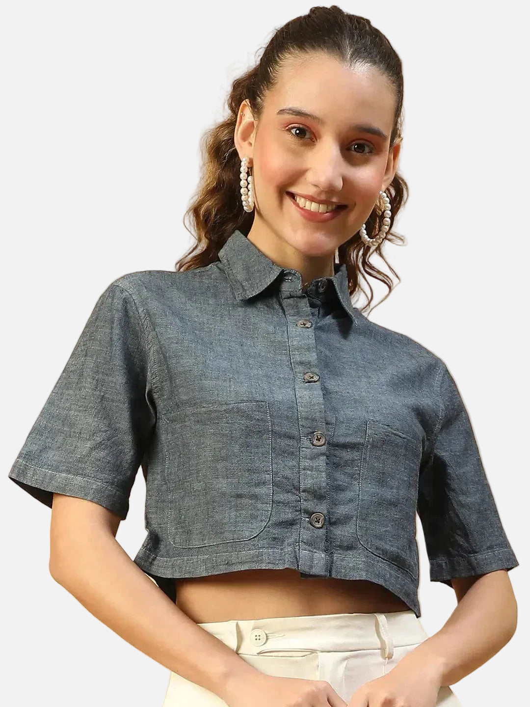 Huate Blue Collared Button Down Short Sleeve Women Cotton Denim Crop Shirt - oxolloxo