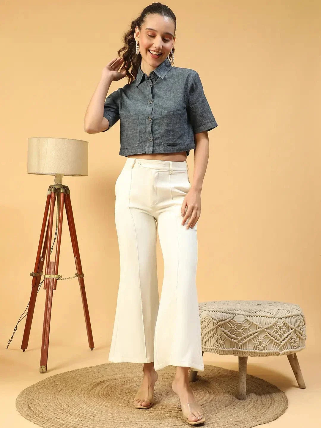 Huate Blue Collared Button Down Short Sleeve Women Cotton Denim Crop Shirt - oxolloxo