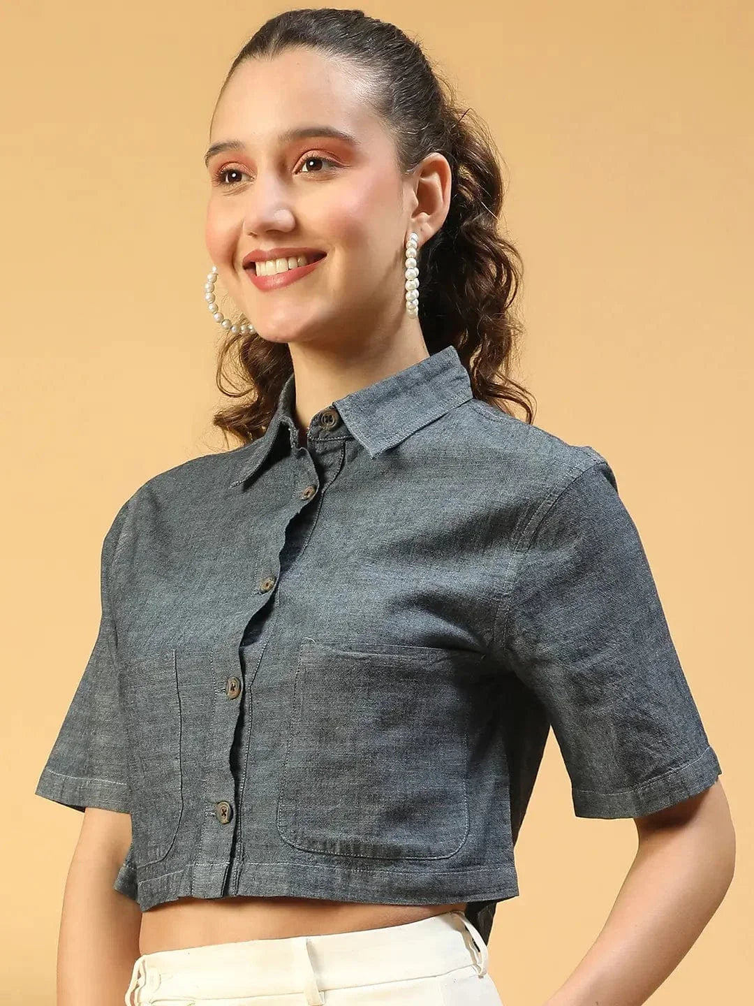 Huate Blue Collared Button Down Short Sleeve Women Cotton Denim Crop Shirt - oxolloxo