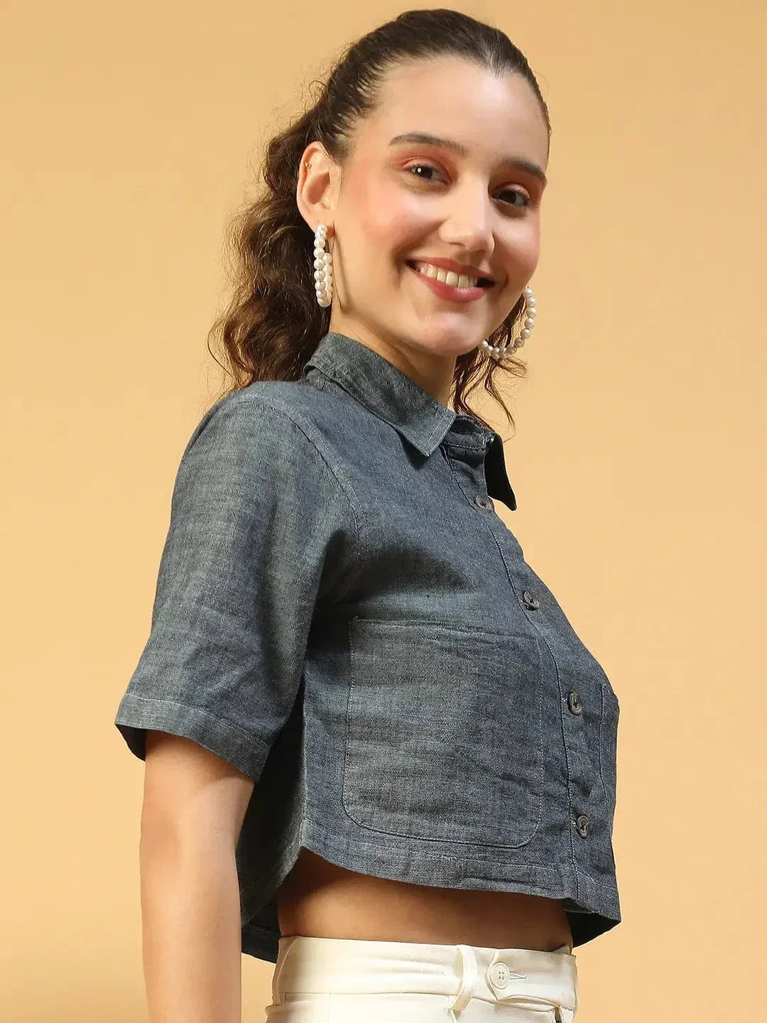 Huate Blue Collared Button Down Short Sleeve Women Cotton Denim Crop Shirt - oxolloxo