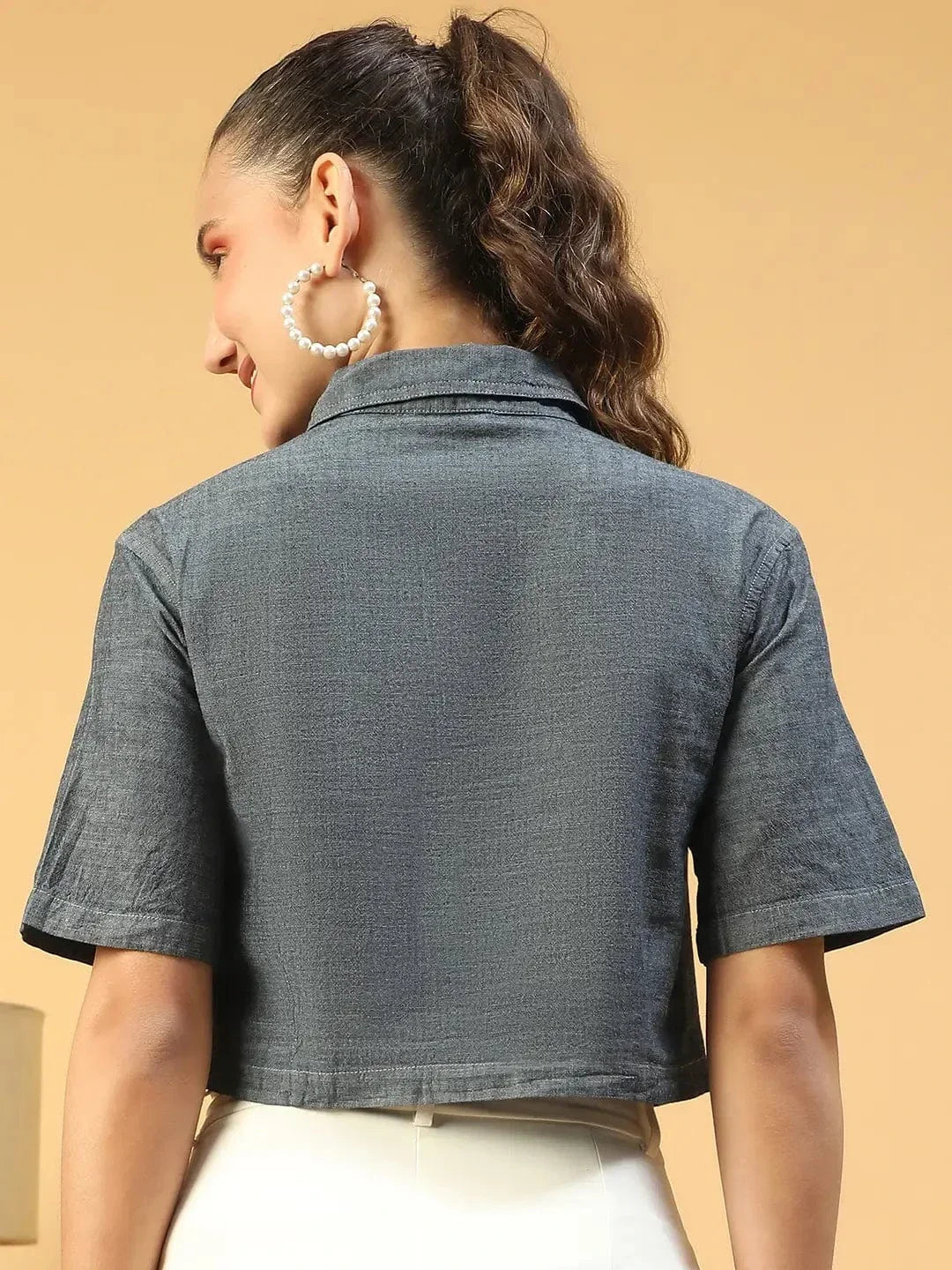 Huate Blue Collared Button Down Short Sleeve Women Cotton Denim Crop Shirt - oxolloxo