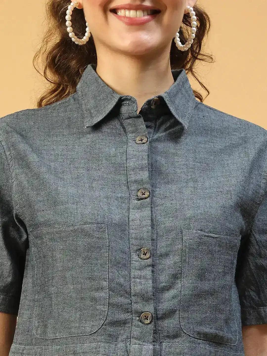 Huate Blue Collared Button Down Short Sleeve Women Cotton Denim Crop Shirt - oxolloxo