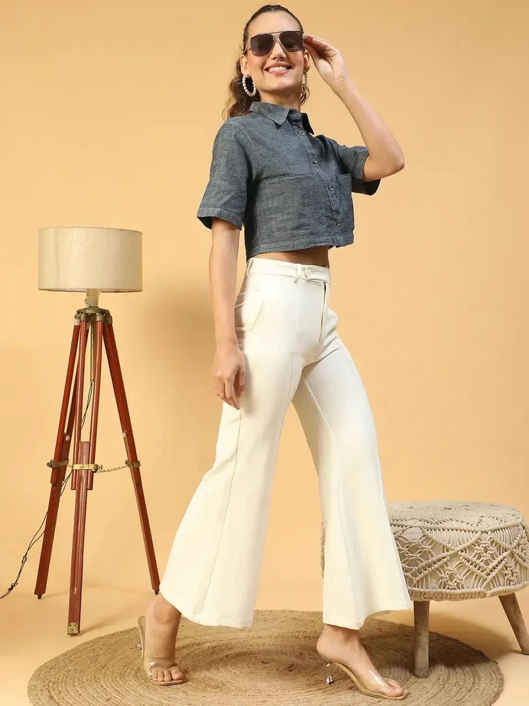 Huate Blue Collared Button Down Short Sleeve Women Cotton Denim Crop Shirt - oxolloxo