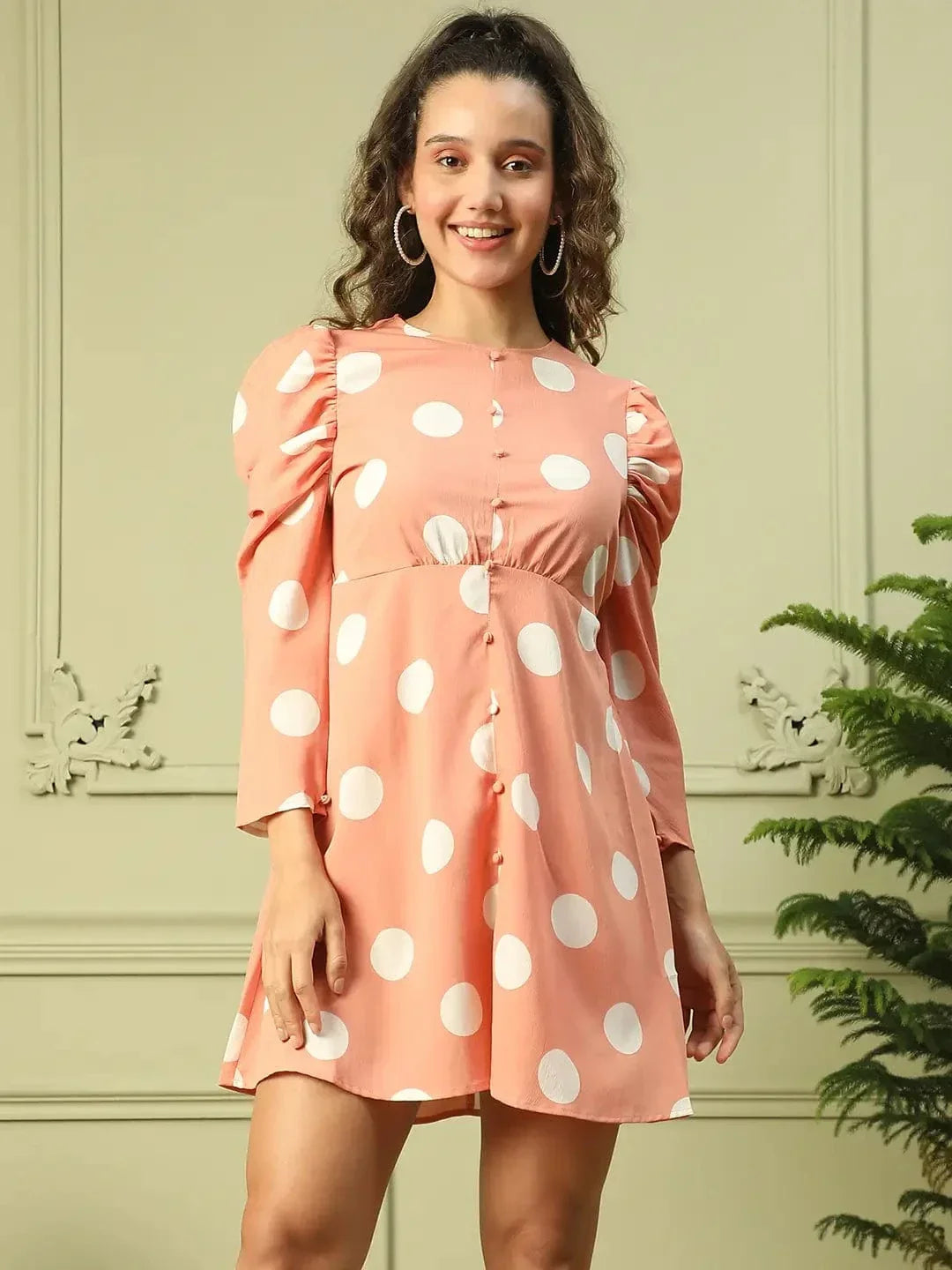 Women Peach Polka Dot Print Long Sleeve Round Neck Gathered Detail Above Knee Length Dress - oxolloxo