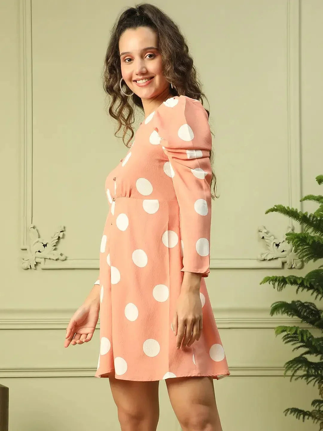Women Peach Polka Dot Print Long Sleeve Round Neck Gathered Detail Above Knee Length Dress - oxolloxo