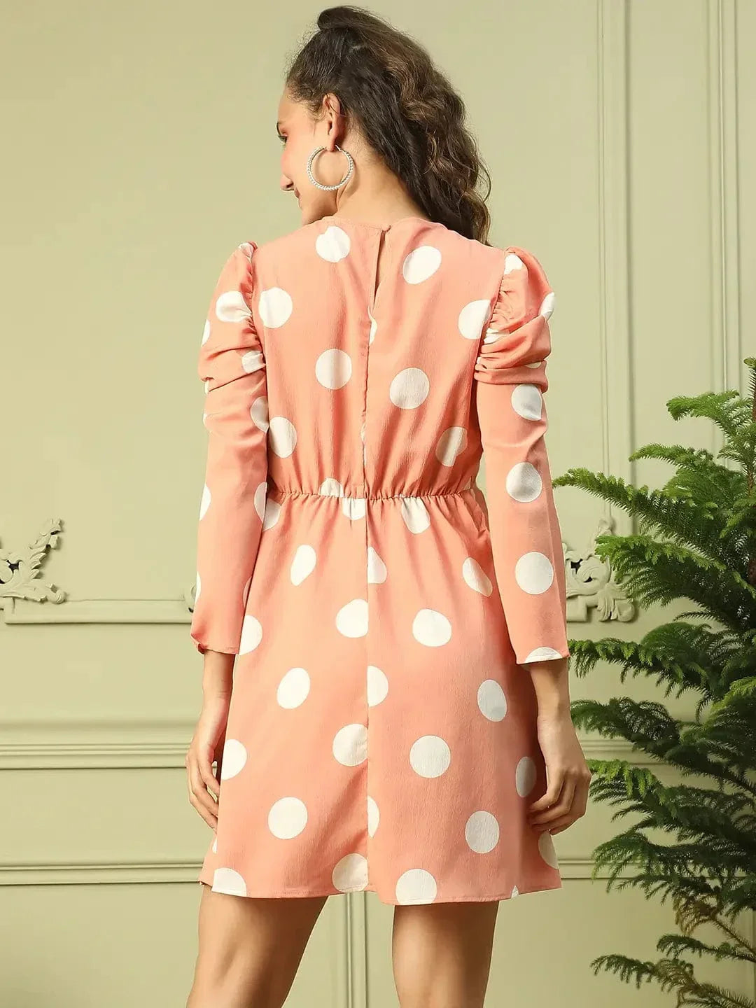 Women Peach Polka Dot Print Long Sleeve Round Neck Gathered Detail Above Knee Length Dress - oxolloxo