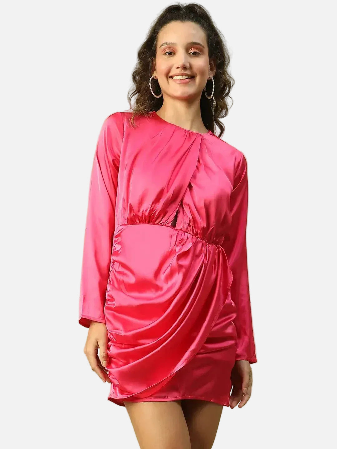 Women Pink Round Neck Long Sleeve Cut-out Above Knee-Length Satin Dress With Gathered Detail - oxolloxo