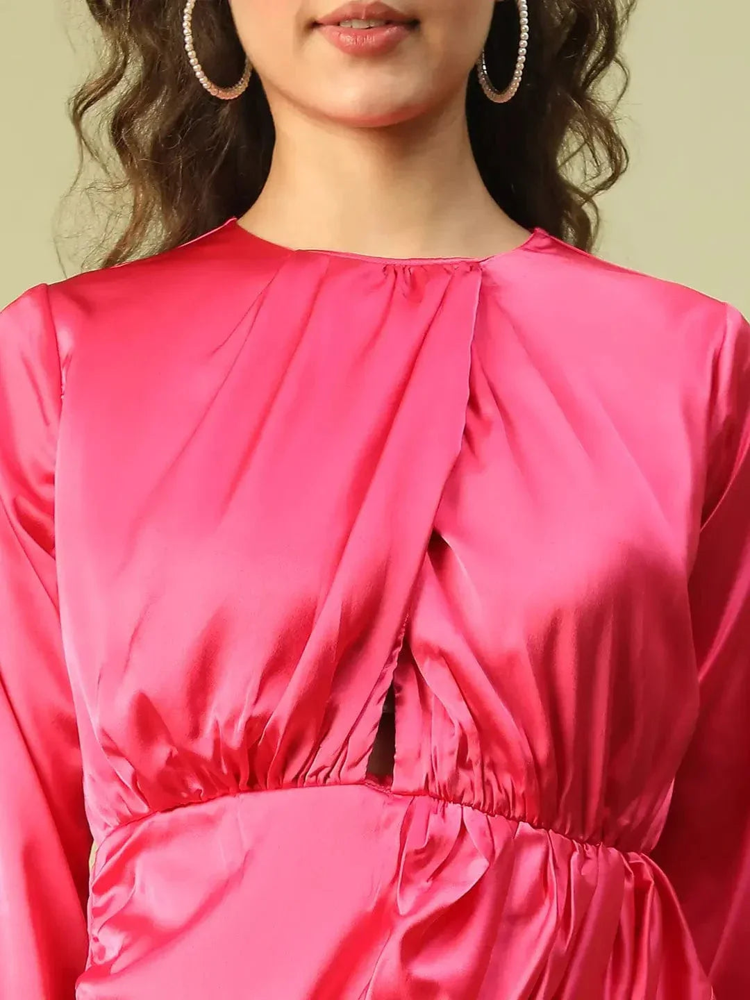 Women Pink Round Neck Long Sleeve Cut-out Above Knee-Length Satin Dress With Gathered Detail - oxolloxo