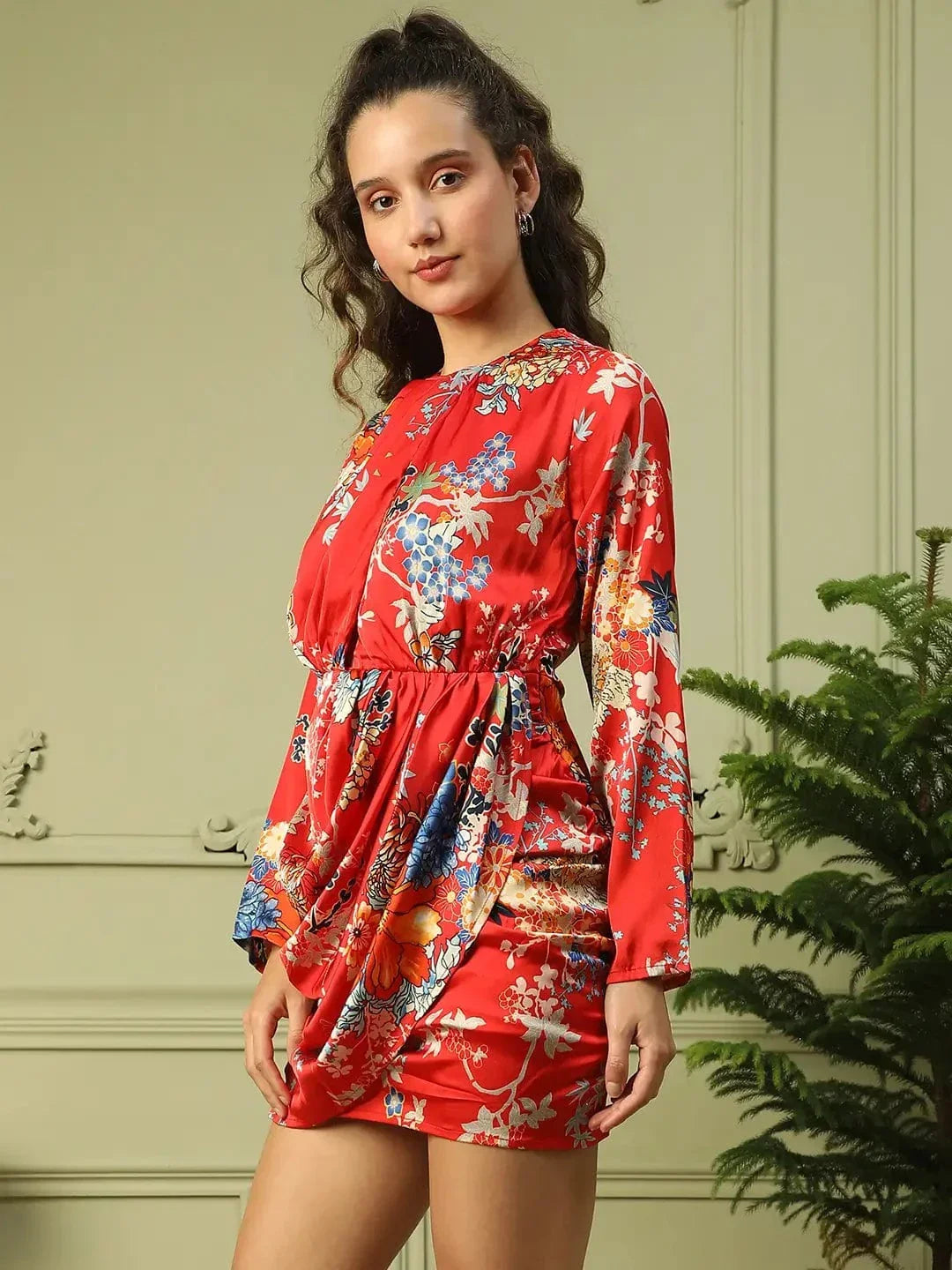 Women Red Floral Round Neck Long Sleeve Cut-out Above Knee-Length Satin Dress With Gathered Detail - oxolloxo