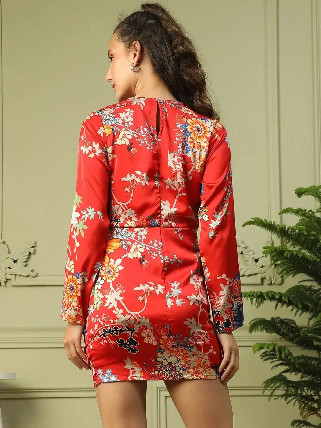 Women Red Floral Round Neck Long Sleeve Cut-out Above Knee-Length Satin Dress With Gathered Detail - oxolloxo