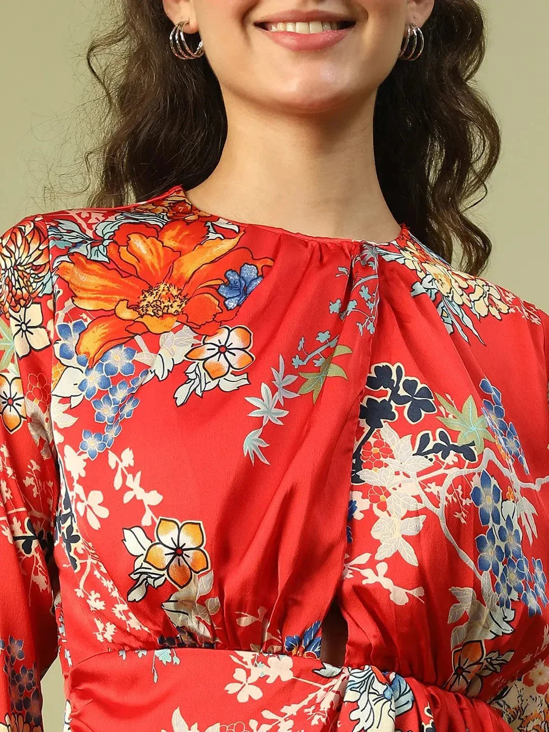 Women Red Floral Round Neck Long Sleeve Cut-out Above Knee-Length Satin Dress With Gathered Detail - oxolloxo