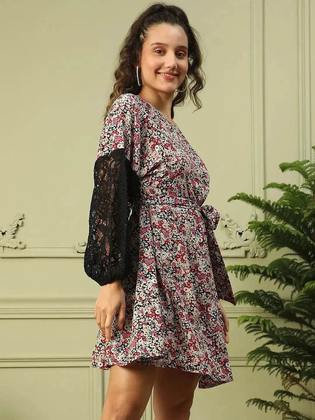 Women Multicolor Floral Print Round Neck Long Sleeve Lace Detailed Above Knee-Length Dress - oxolloxo