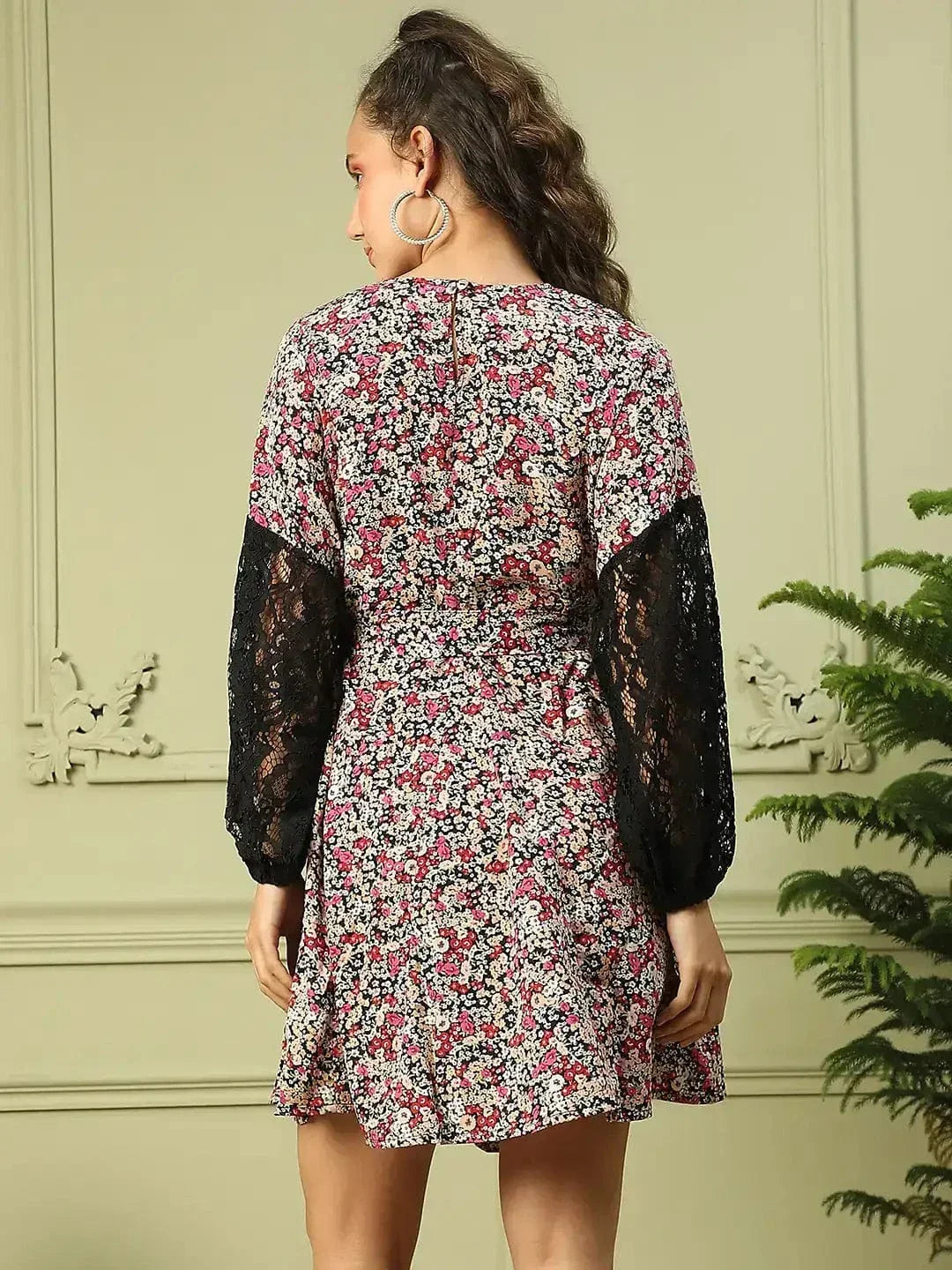 Women Multicolor Floral Print Round Neck Long Sleeve Lace Detailed Above Knee-Length Dress - oxolloxo