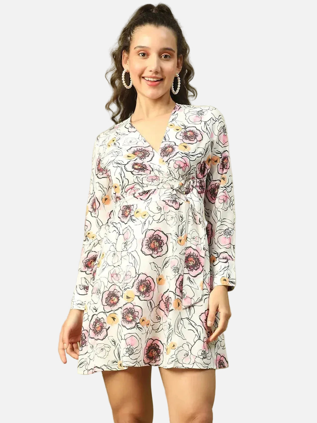 Women White Floral Print Long Sleeve V-Neck Above Knee Length Wrap Dress - oxolloxo