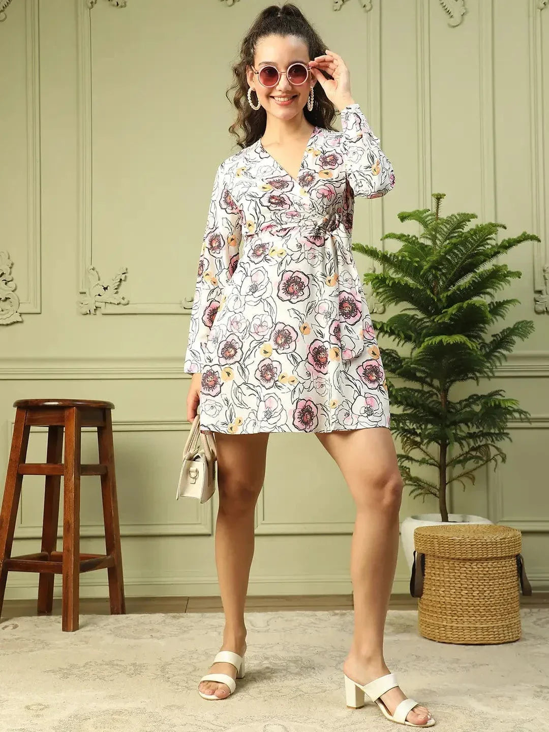 Women White Floral Print Long Sleeve V-Neck Above Knee Length Wrap Dress - oxolloxo