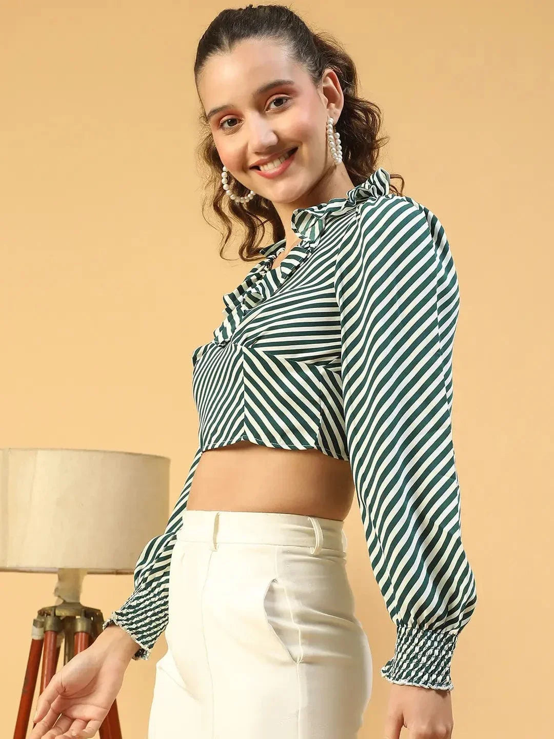 Stylo Green Stripe Print Ruffle Detailed Long Sleeve Women Crop Top - oxolloxo