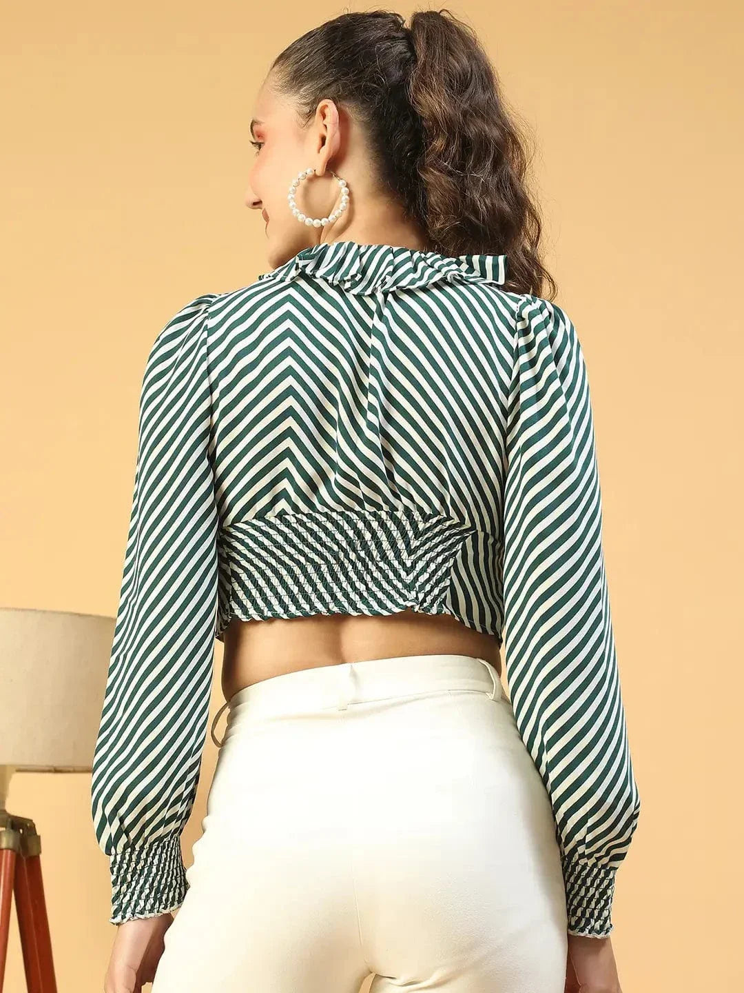 Stylo Green Stripe Print Ruffle Detailed Long Sleeve Women Crop Top - oxolloxo
