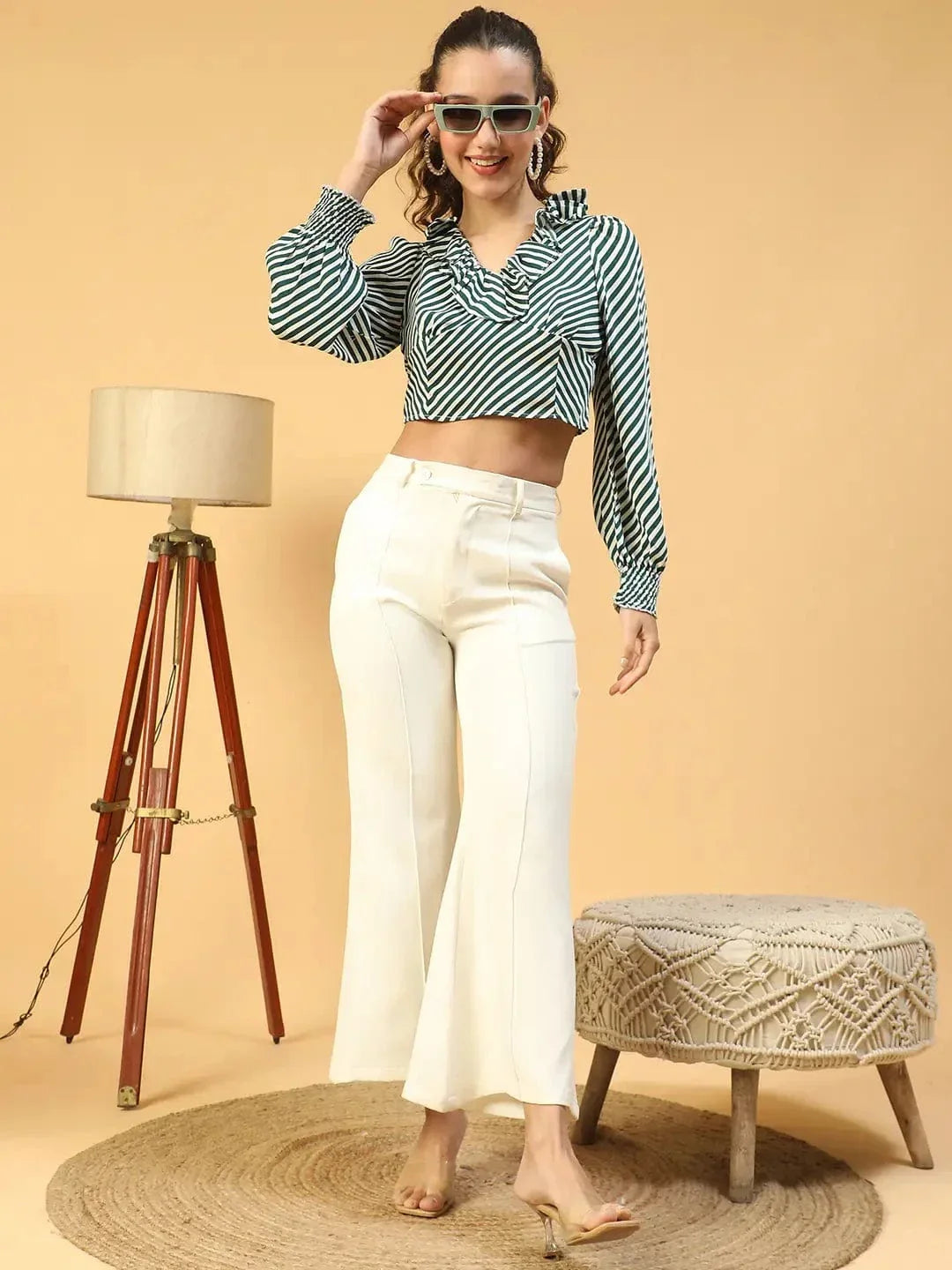 Stylo Green Stripe Print Ruffle Detailed Long Sleeve Women Crop Top - oxolloxo