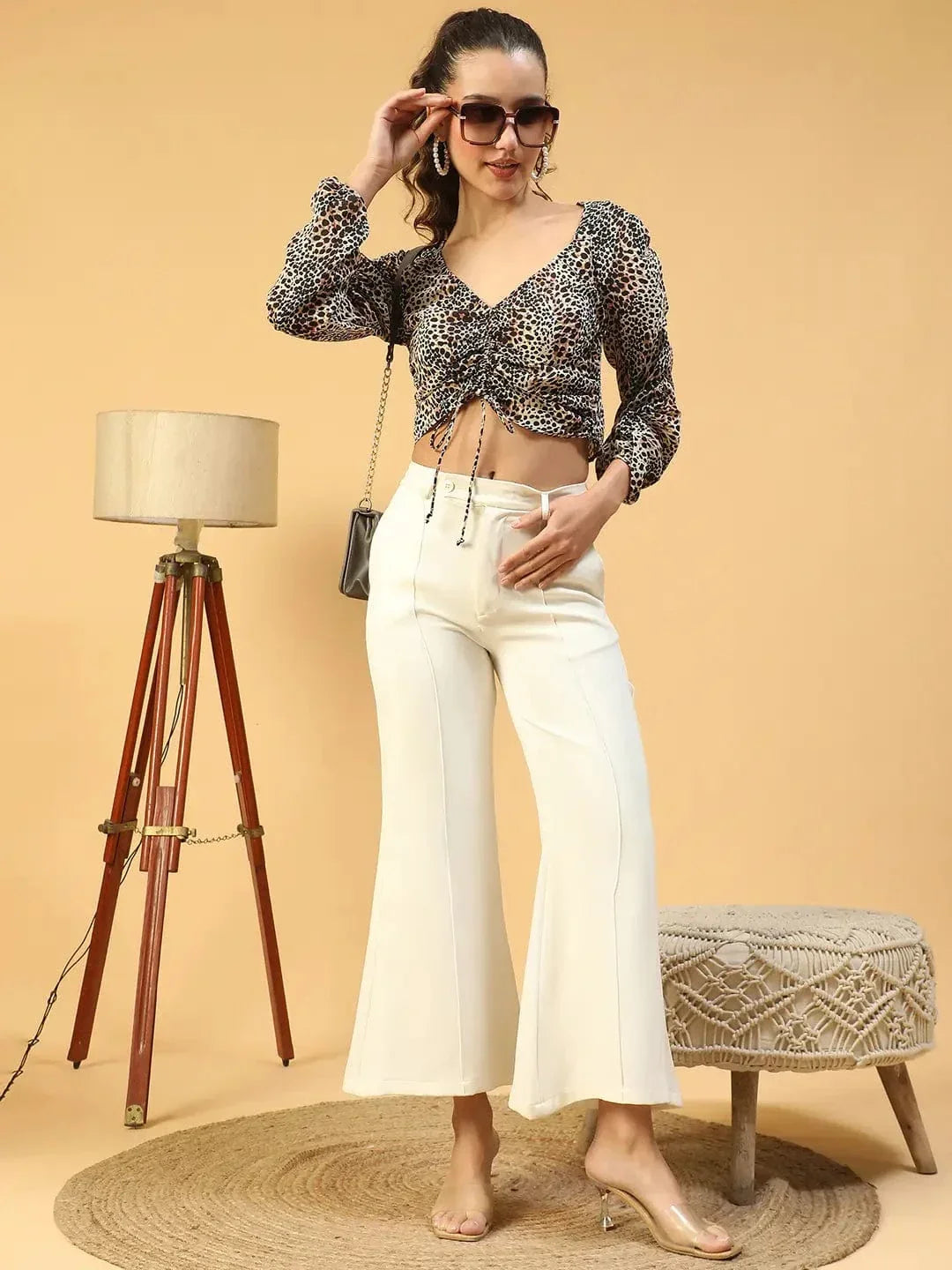 Groovy Brown Animal Print Long Sleeve Tie-Up Detail Women Crop Top - oxolloxo