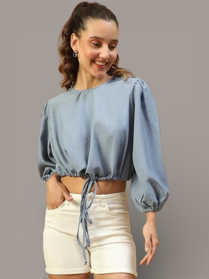 Women Crop Top - Blue Long Sleeve Tie-Up Detail, Elasticated Waist Blouse