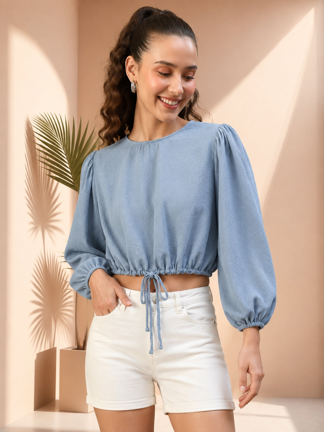 Women Crop Top - Blue Long Sleeve Tie-Up Detail, Elasticated Waist Blouse