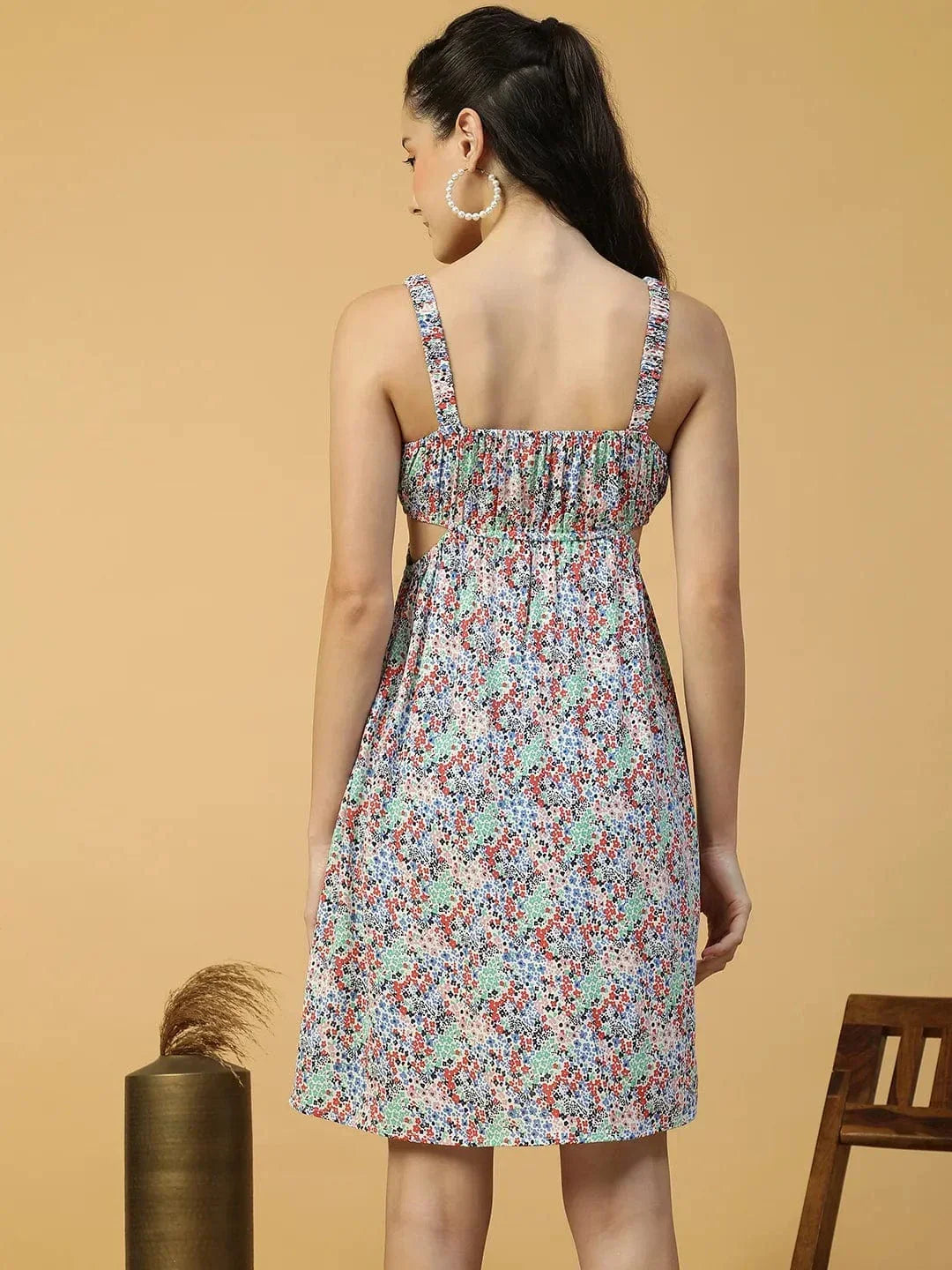 Heaven Blue Floral Print Elasticated Sleeveless Cut Out Women Dress - oxolloxo