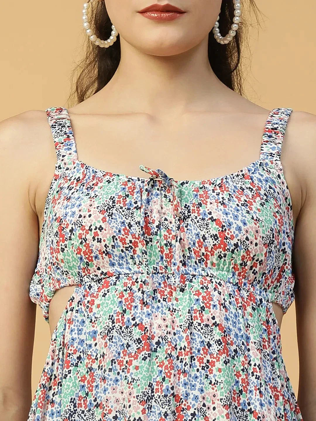 Heaven Blue Floral Print Elasticated Sleeveless Cut Out Women Dress - oxolloxo