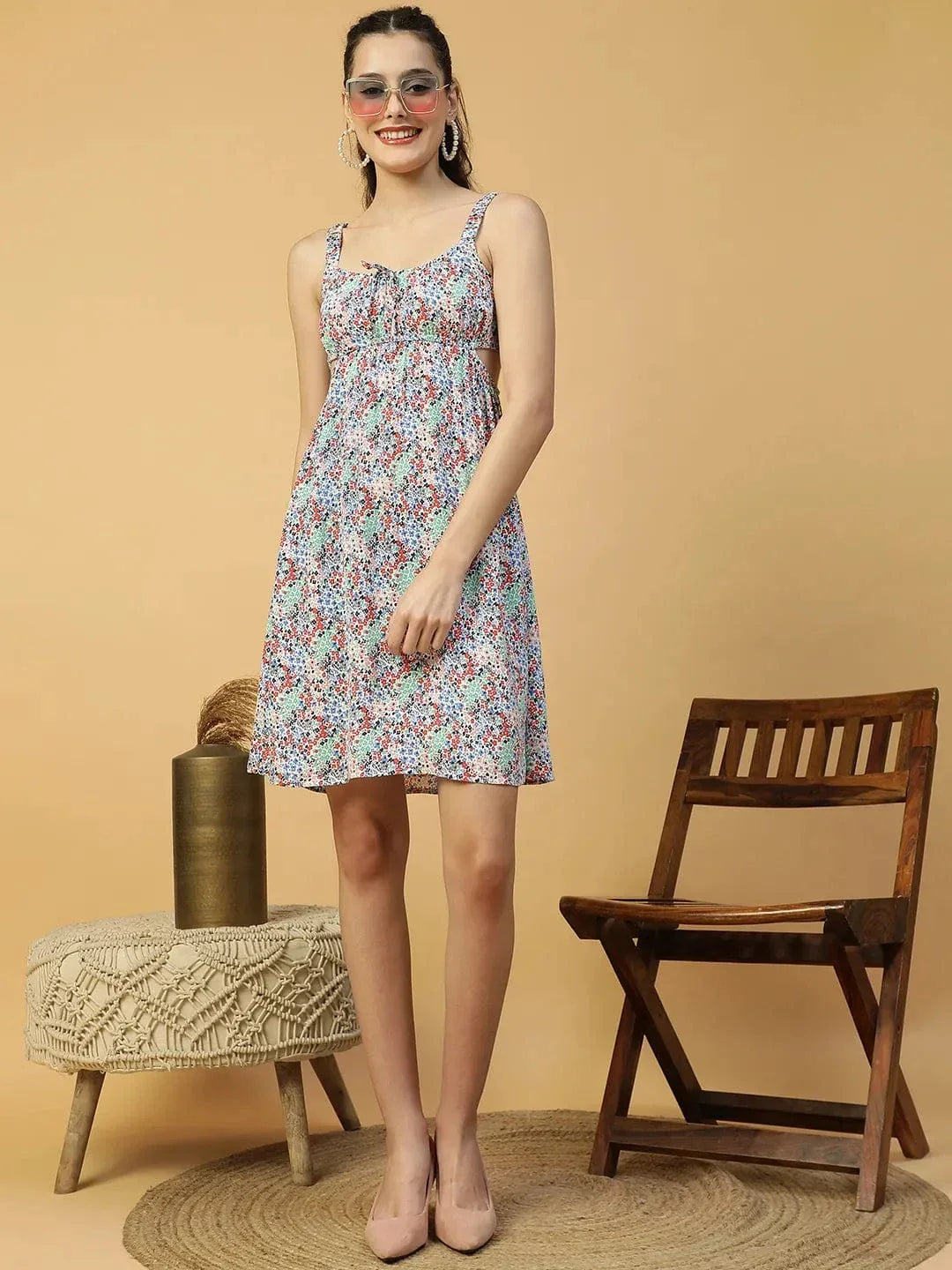 Heaven Blue Floral Print Elasticated Sleeveless Cut Out Women Dress - oxolloxo