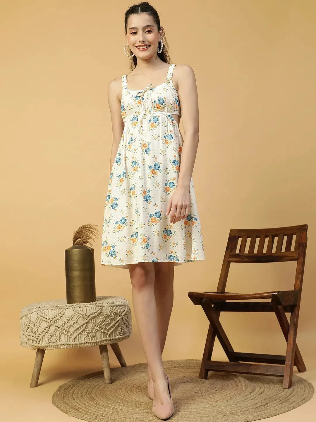 Off- White Floral Print Elasticated Sleeveless Cut Out Women Dress - oxolloxo