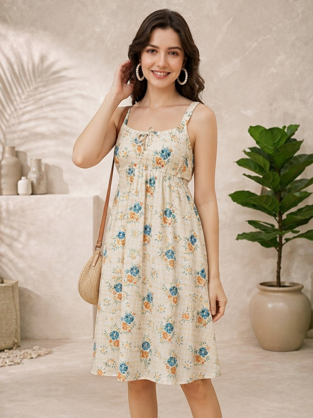 off white floral print elasticated sleeveless cut out women dress