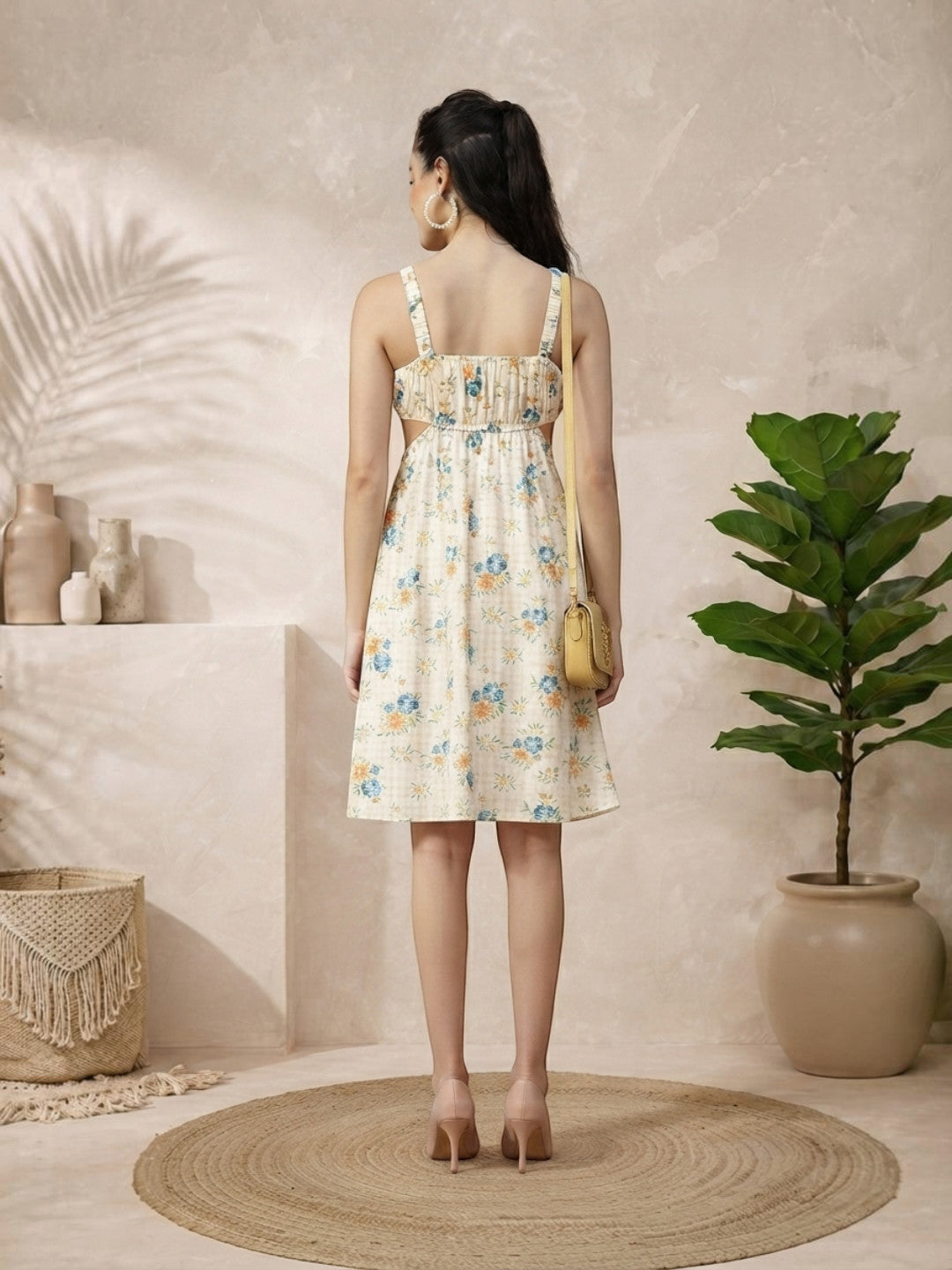 off white floral print elasticated sleeveless cut out women dress
