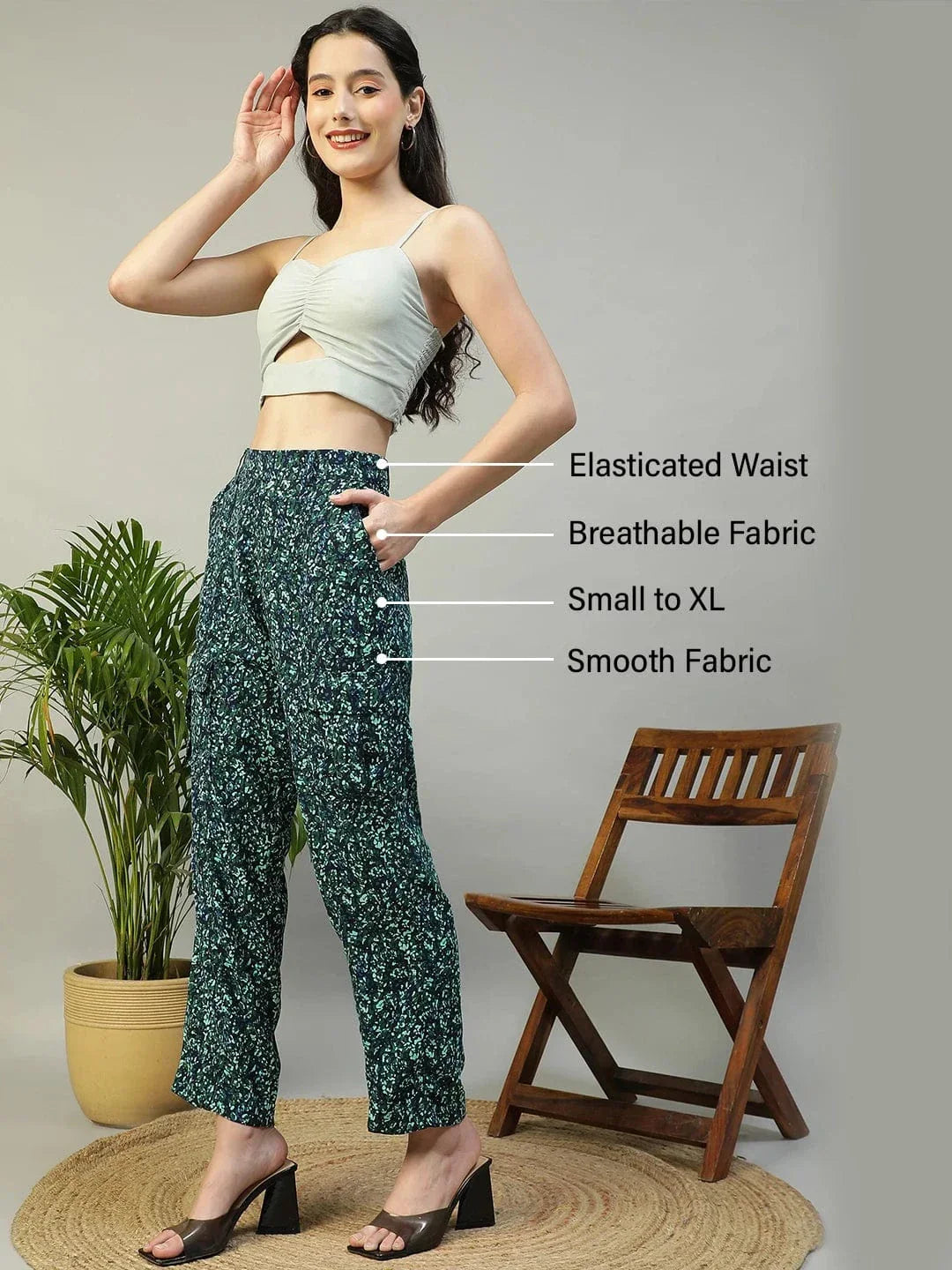 Trendy Blue Floral Print Elasticated Crargo Style Women Pant - oxolloxo