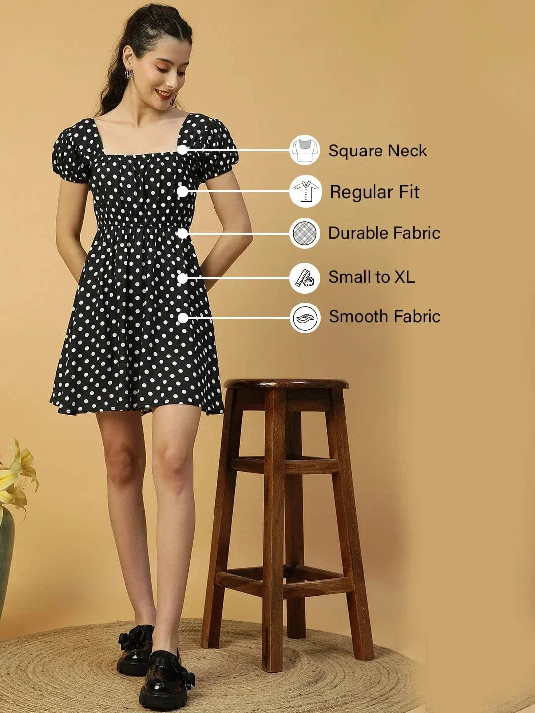 Preppy Black Polka Dot Print Short Sleeve Elasticated Women midi dress - oxolloxo