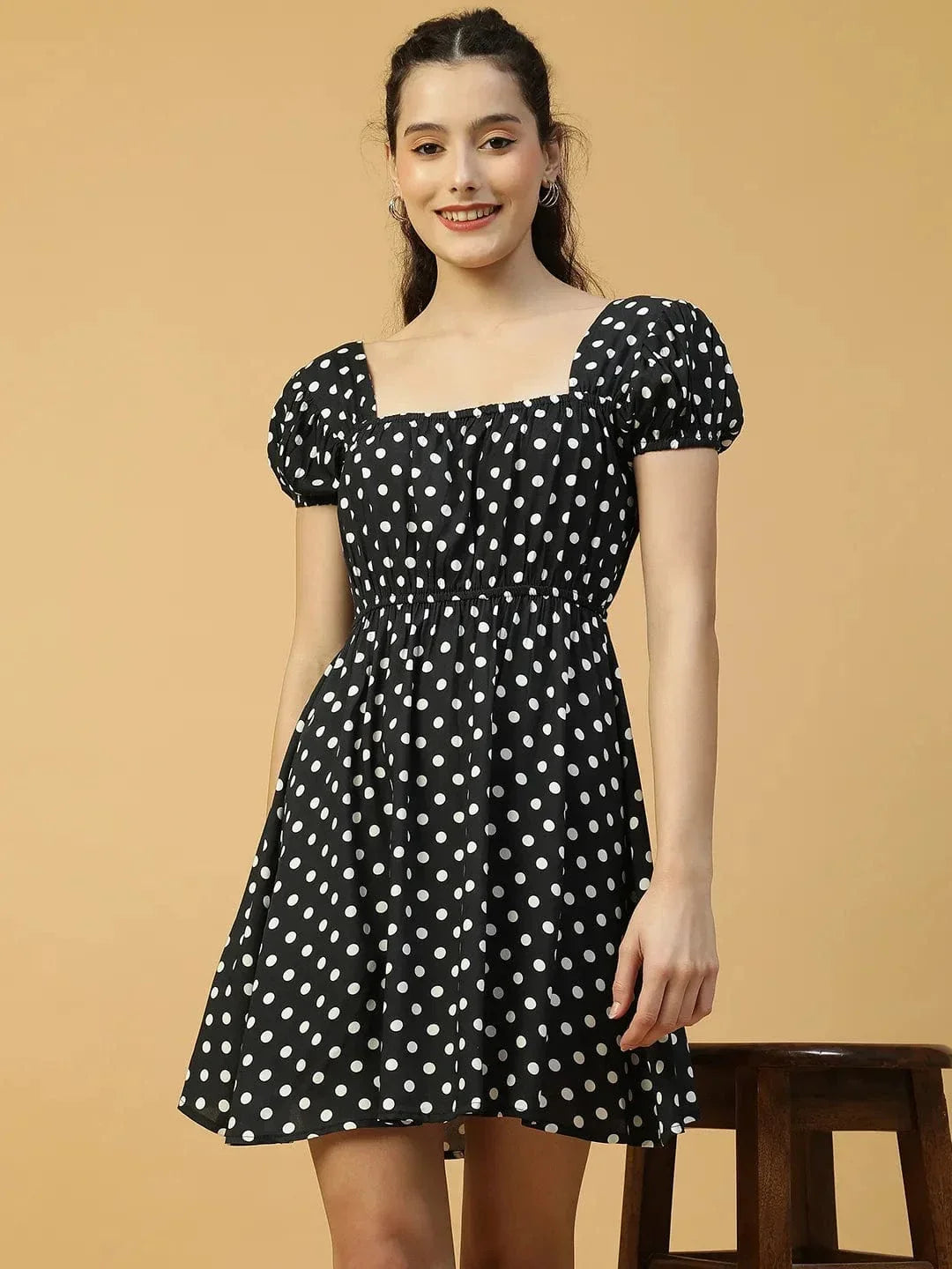 Preppy Black Polka Dot Print Short Sleeve Elasticated Women midi dress - oxolloxo