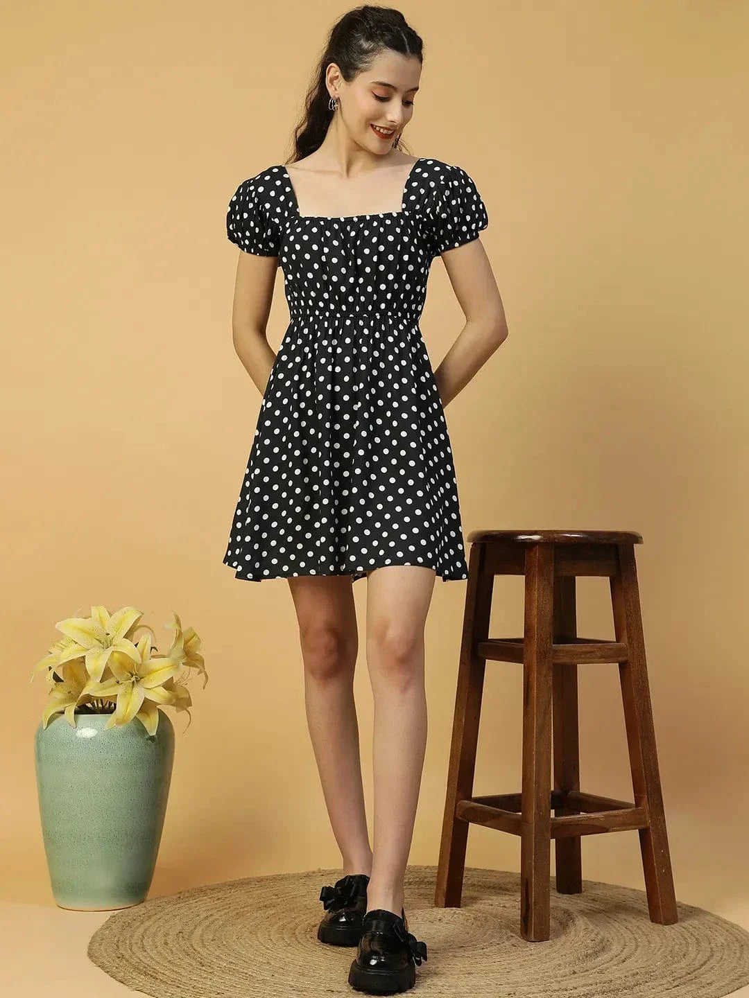 Preppy Black Polka Dot Print Short Sleeve Elasticated Women midi dress - oxolloxo