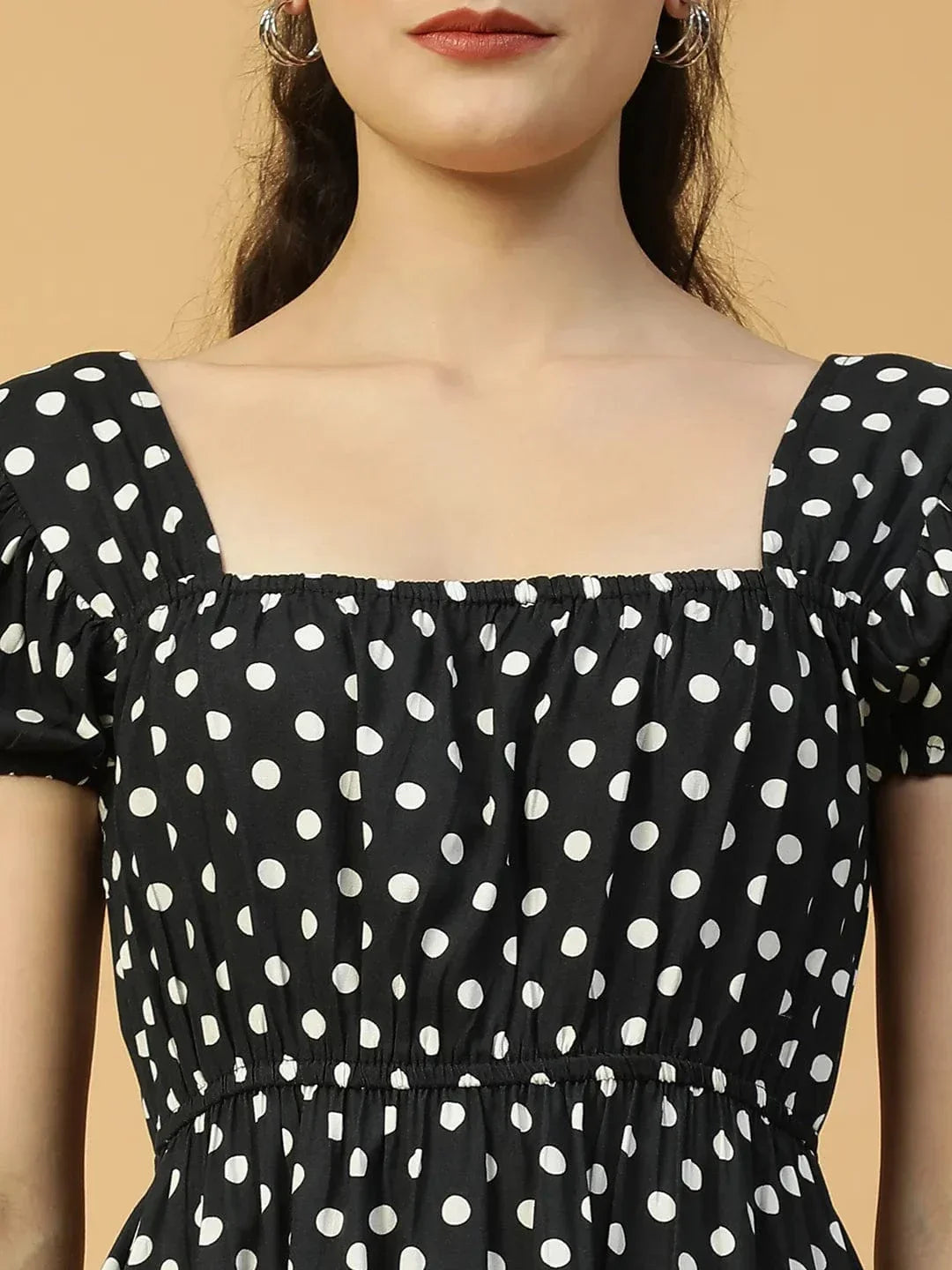 Preppy Black Polka Dot Print Short Sleeve Elasticated Women midi dress - oxolloxo