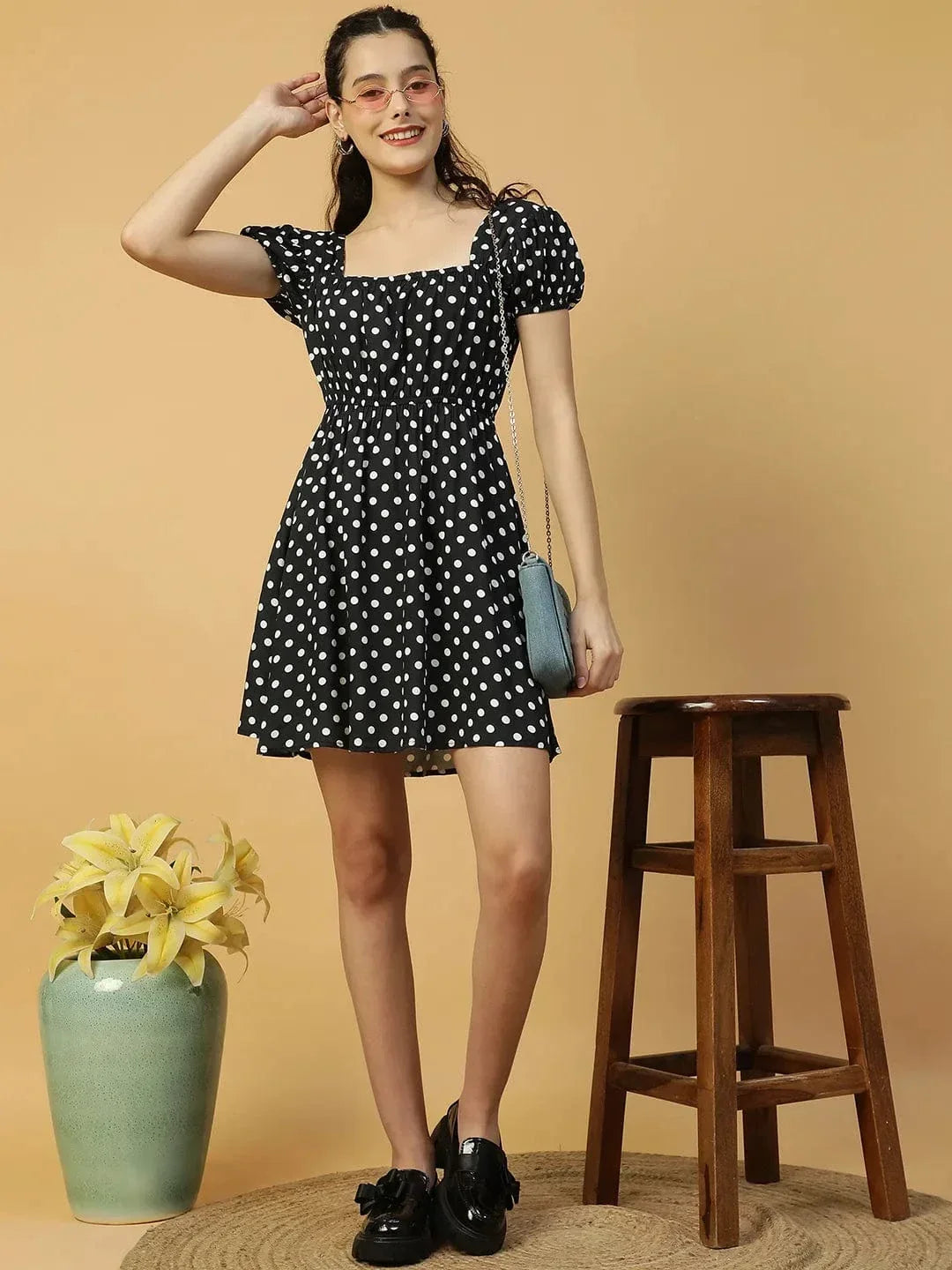 Preppy Black Polka Dot Print Short Sleeve Elasticated Women midi dress - oxolloxo