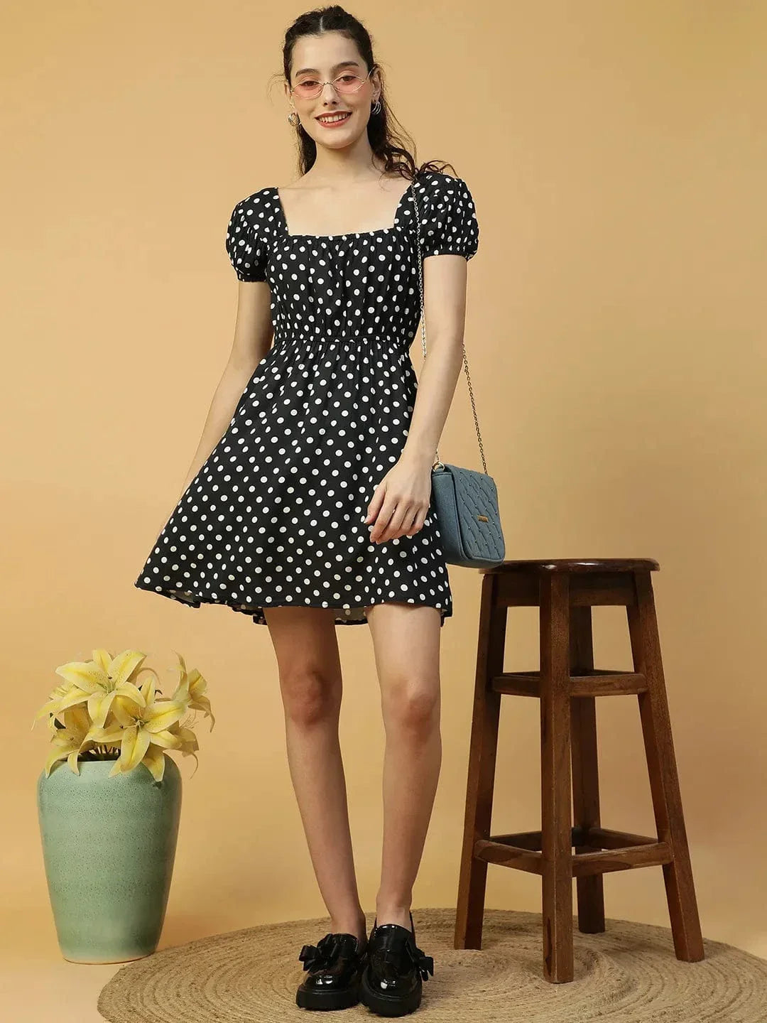 Preppy Black Polka Dot Print Short Sleeve Elasticated Women midi dress - oxolloxo